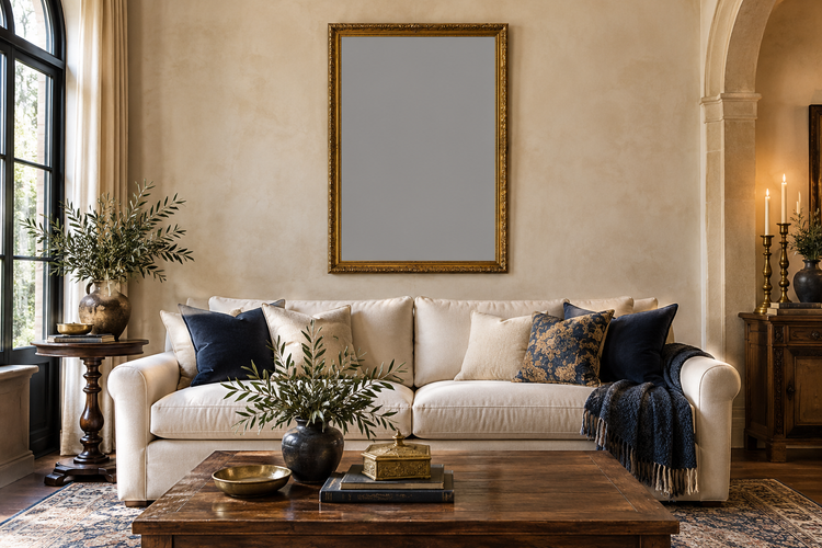 The Baptism of Christ icon print in an ornate gold frame above a cream sofa