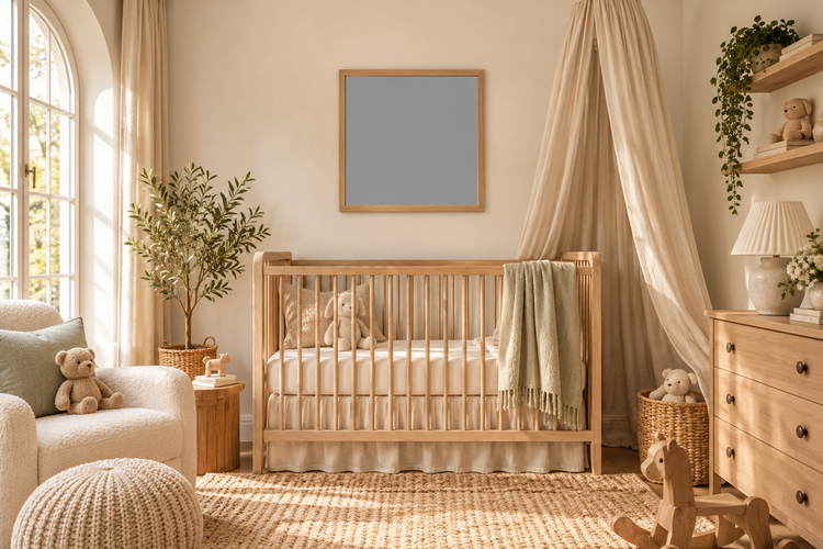 Bread of Heaven square print above a wooden crib in a soft nursery