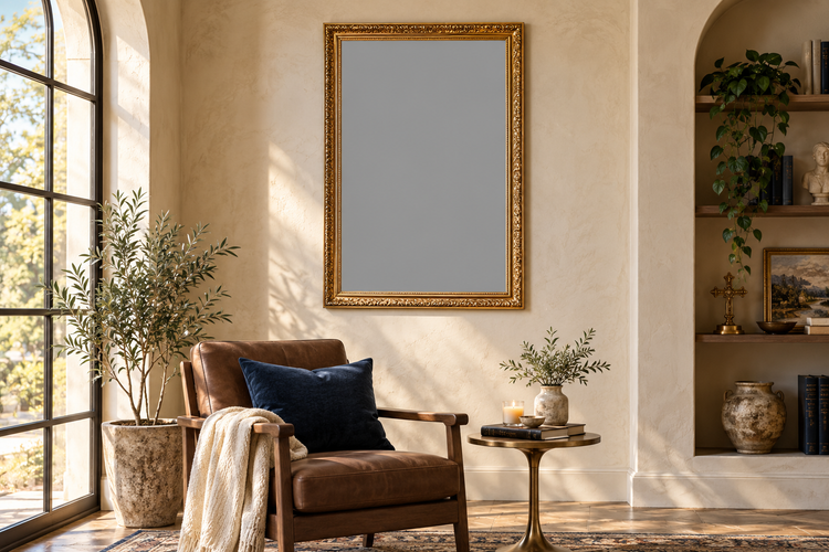 God Is Light print in a gilded frame above a leather reading chair